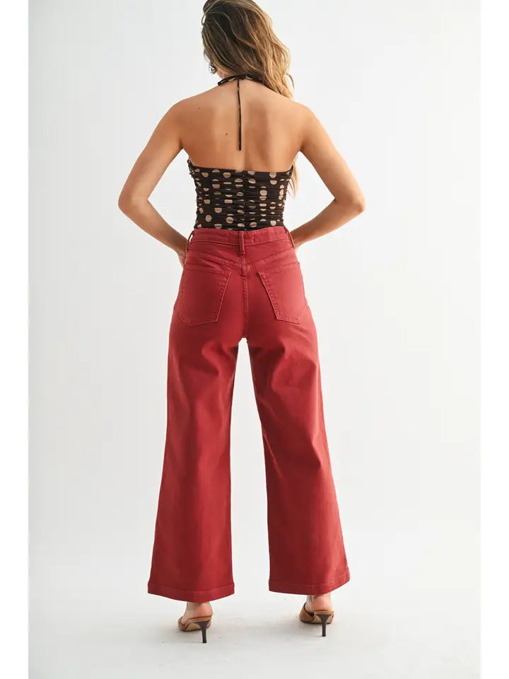 PATCH POCKET WIDE LEG JEAN - BURGUNDY