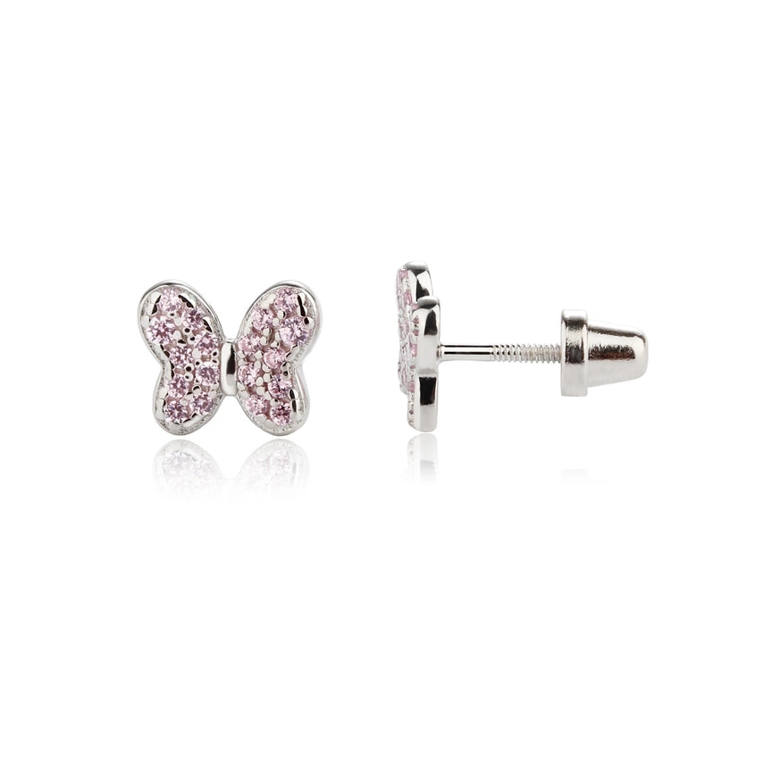 STERLING SILVER PINK BUTTERFLY SCREW BACK EARRINGS