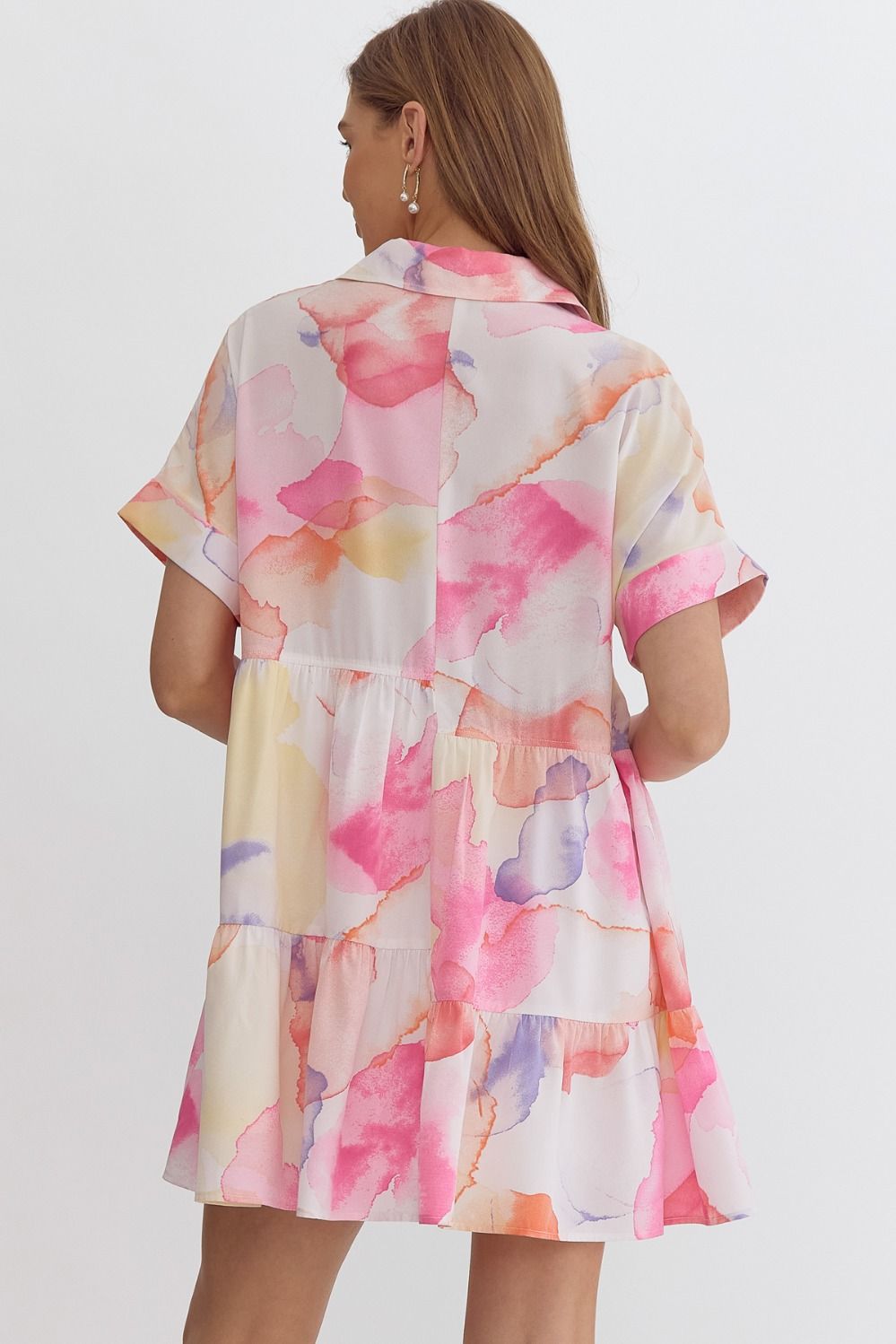 SHORT SLEEVE COLLARED MINI DRESS - WATERCOLOR PINK