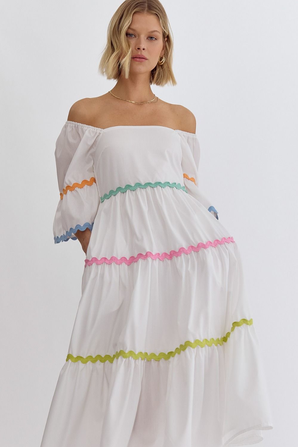 SQUARE NECK HALF SLEEVE MIDI DRESS - OFF WHITE