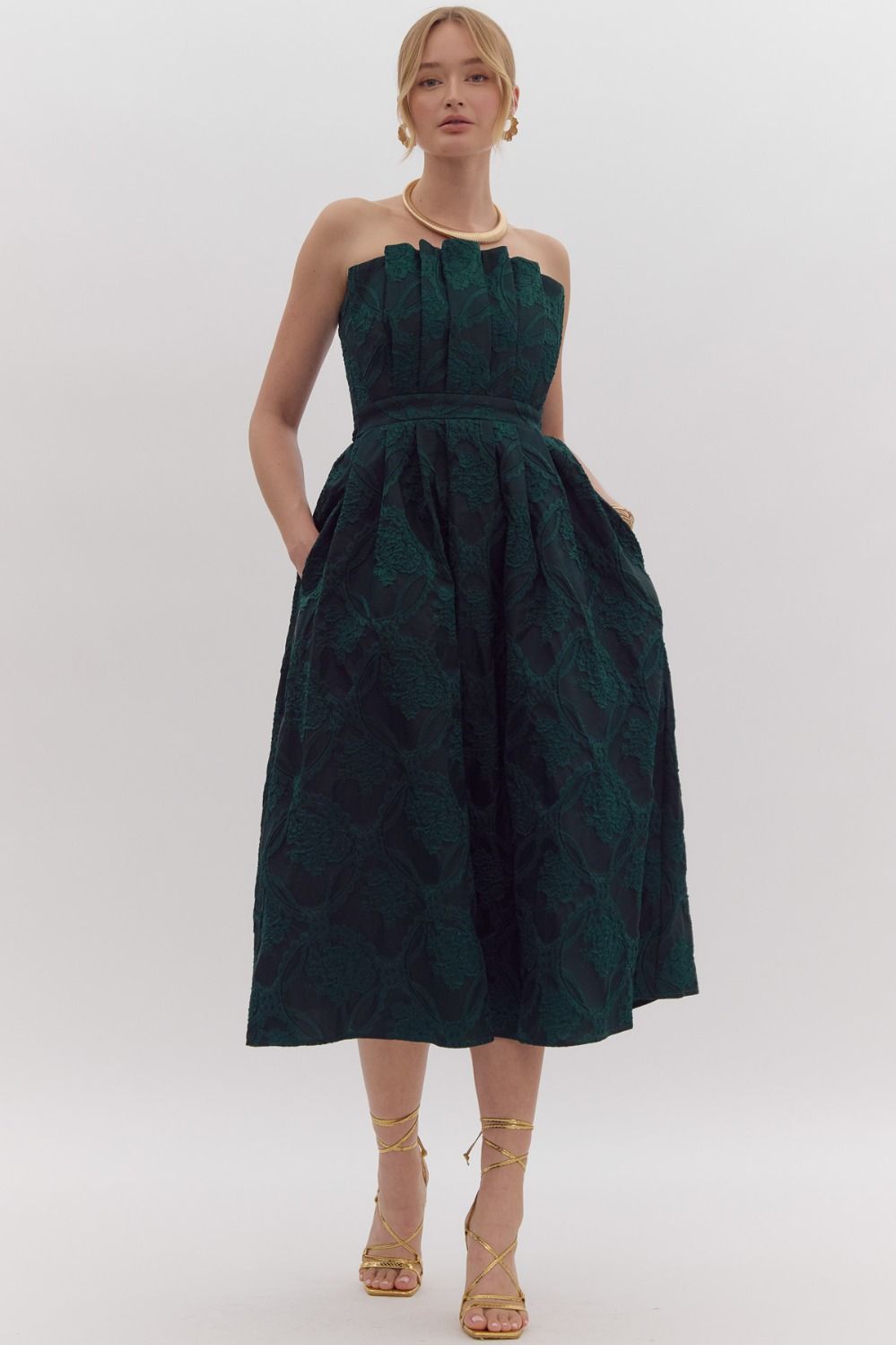 STRAPLESS EMBROIDERED MIDI DRESS - HUNTER GREEN