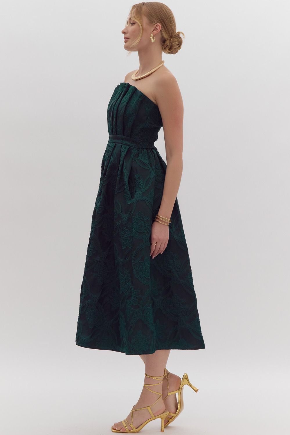 STRAPLESS EMBROIDERED MIDI DRESS - HUNTER GREEN