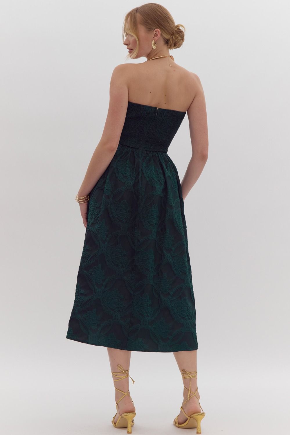 STRAPLESS EMBROIDERED MIDI DRESS - HUNTER GREEN