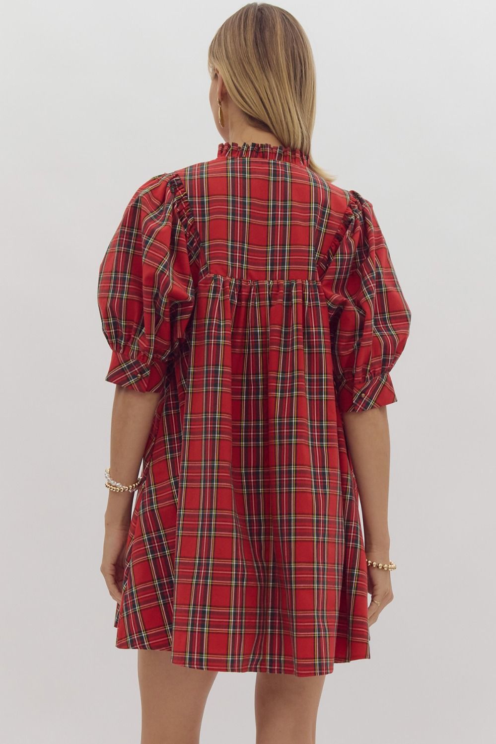 PLAID V NECK PUFF SLEEVE MINI DRESS - RED