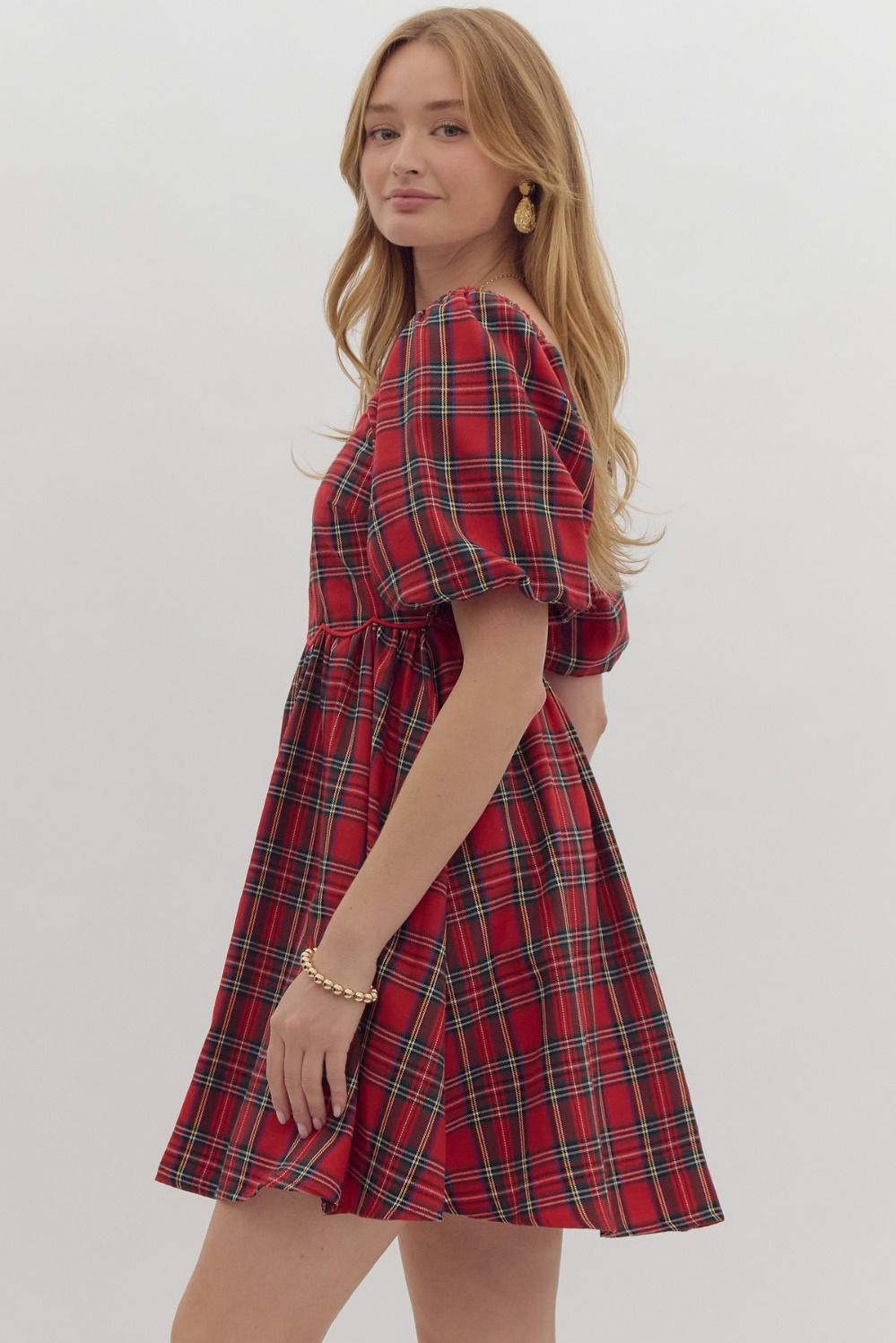 SQUARE NECK MINI DRESS - RED PLAID