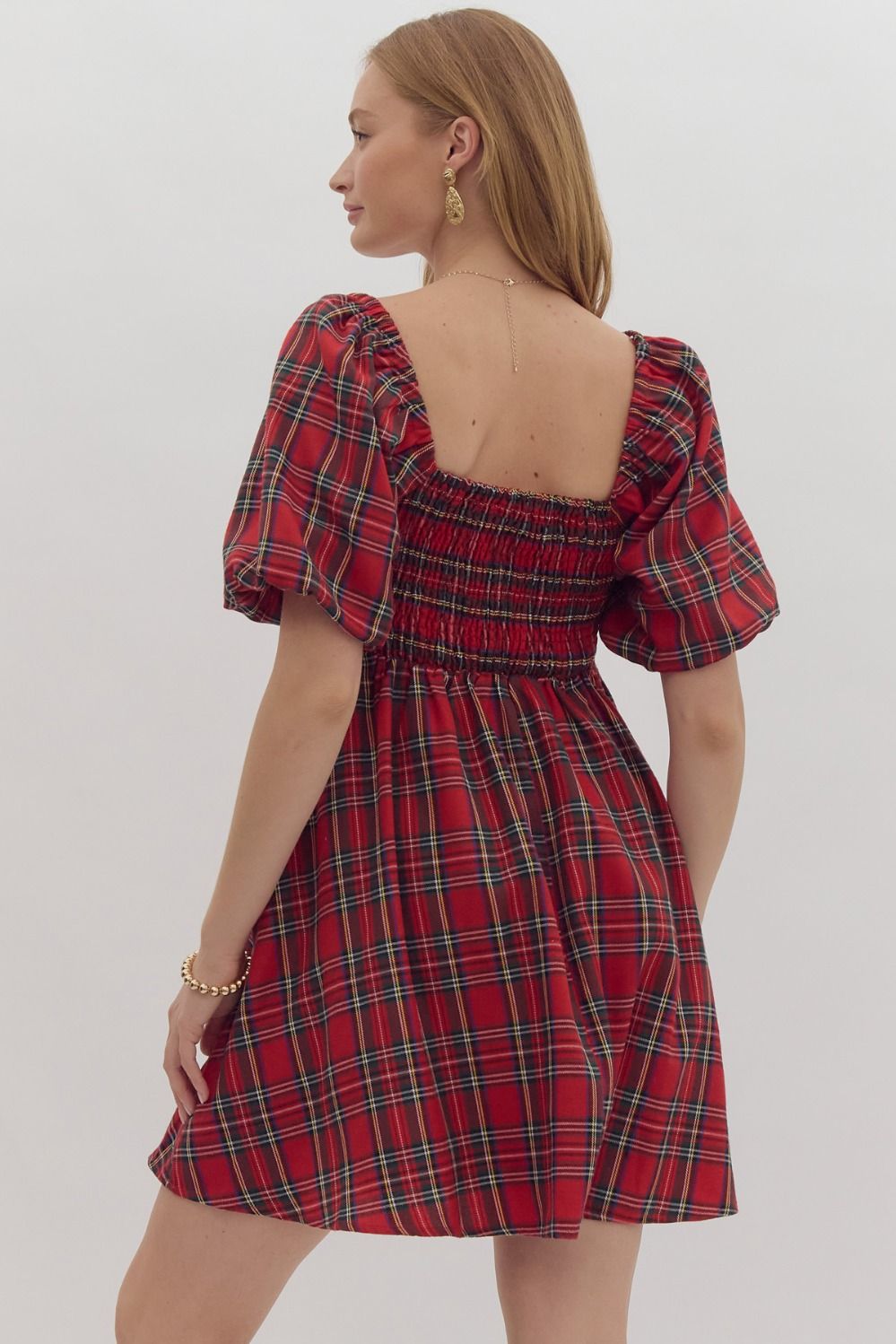 SQUARE NECK MINI DRESS - RED PLAID