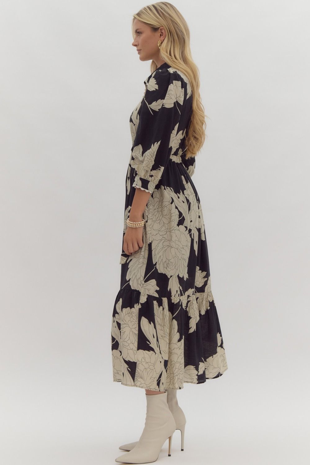 FLORAL COLLARED BUTTON UP MIDI DRESS - BLACK