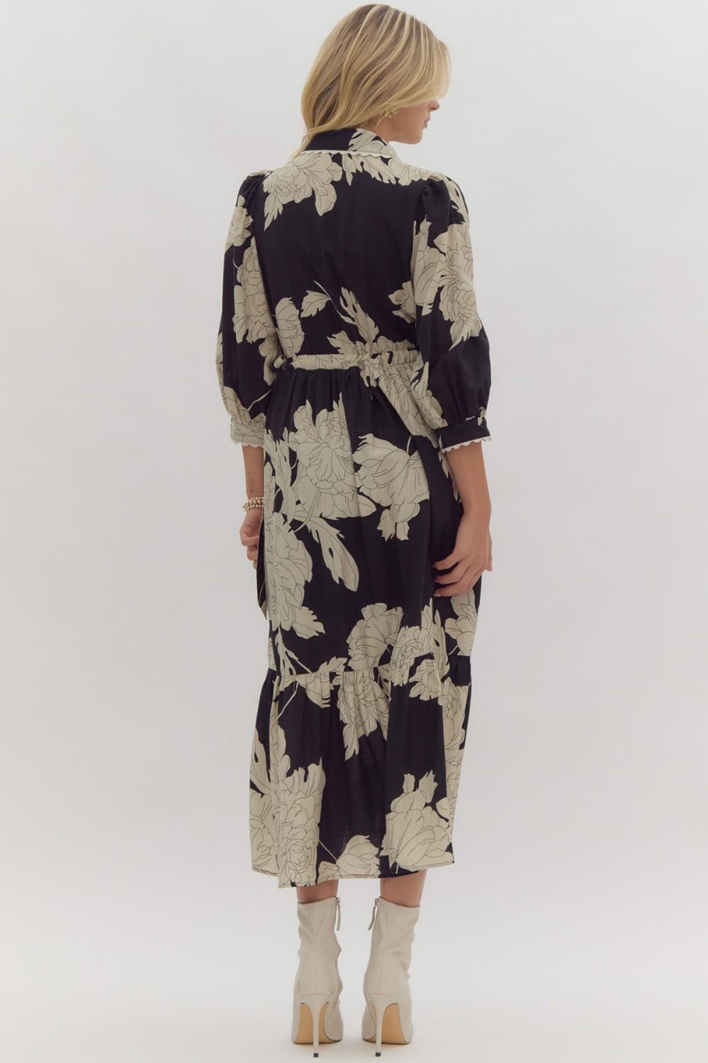 FLORAL COLLARED BUTTON UP MIDI DRESS - BLACK