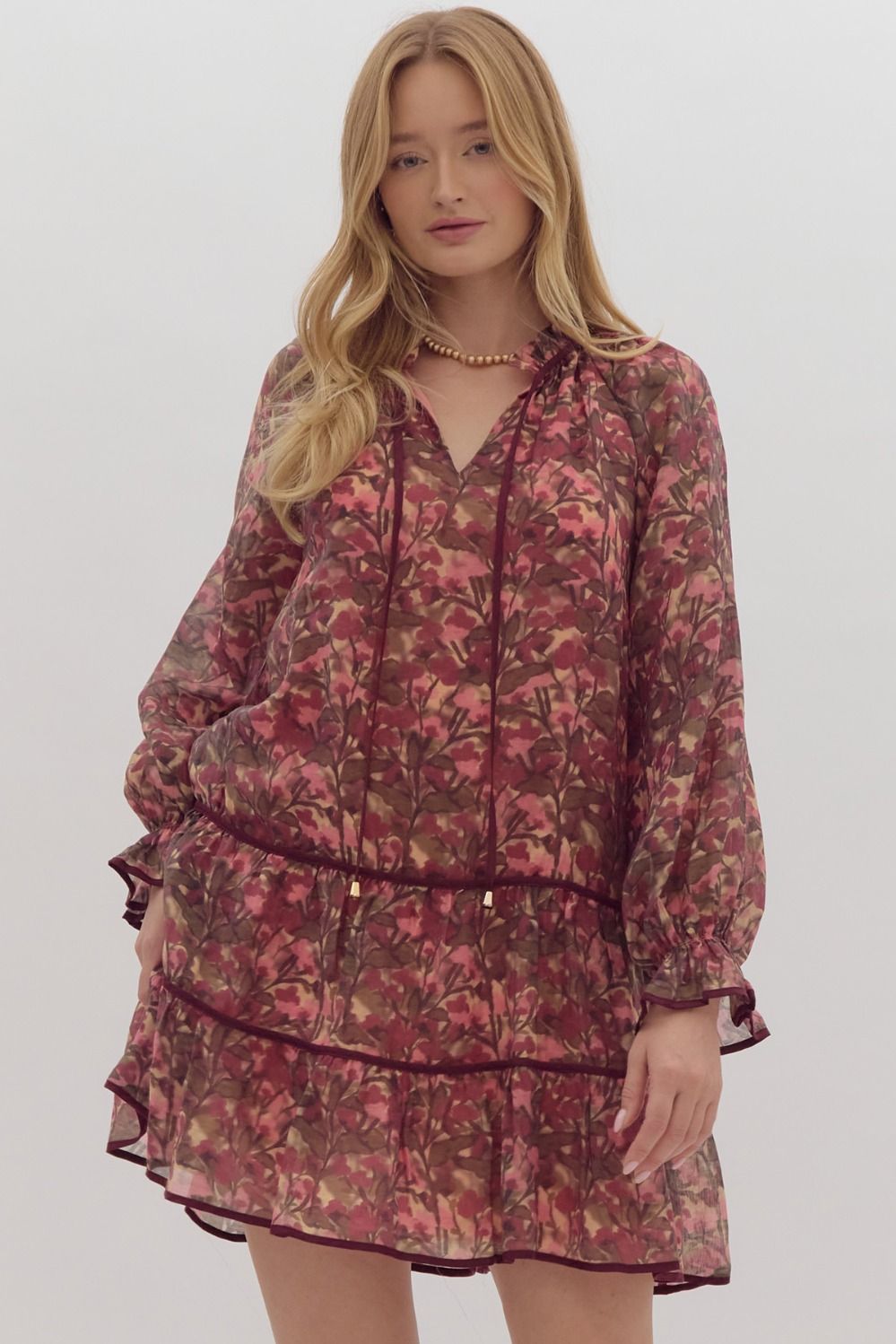 LONG SLEEVE TIERED MINI DRESS - RASPBERRY