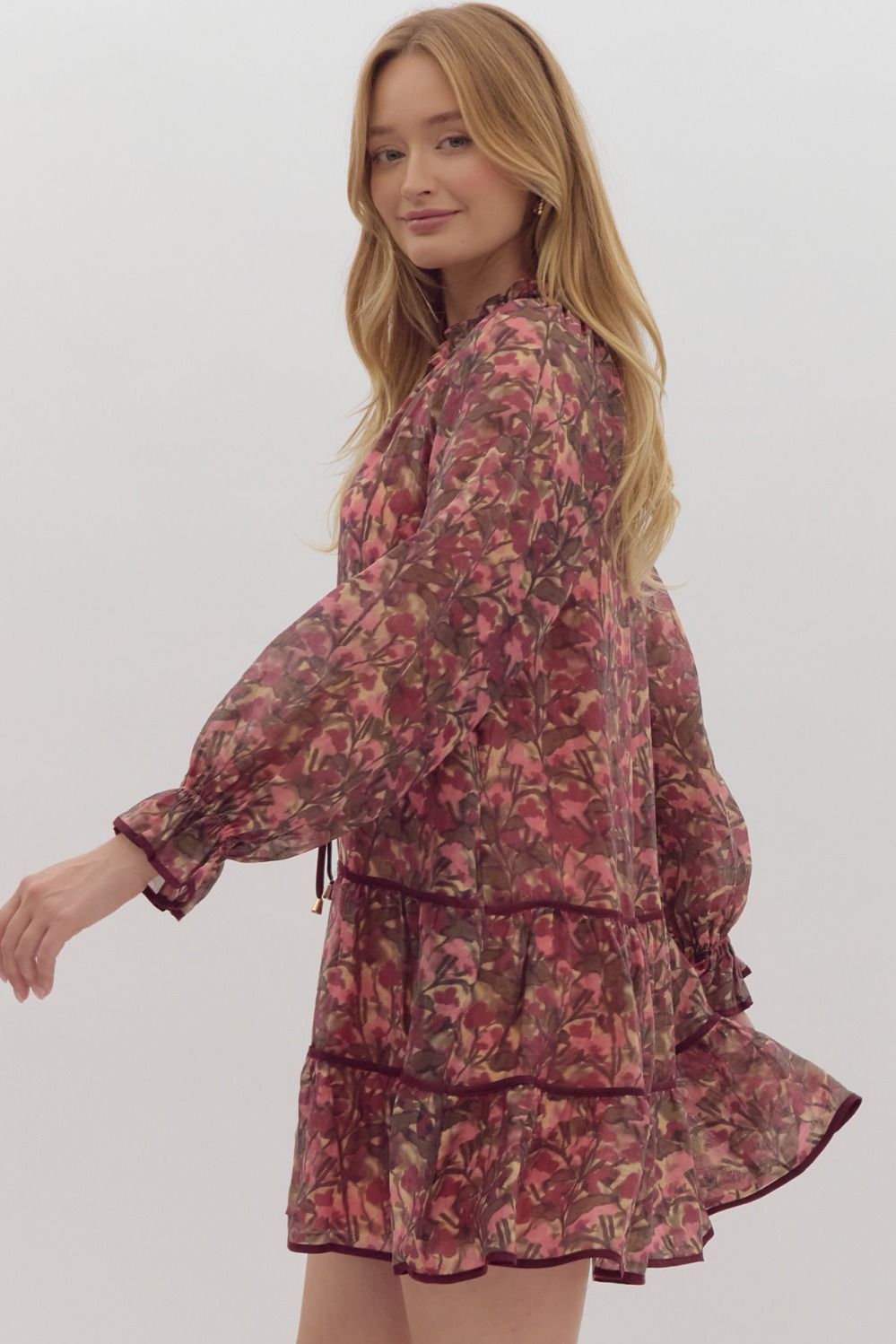 LONG SLEEVE TIERED MINI DRESS - RASPBERRY