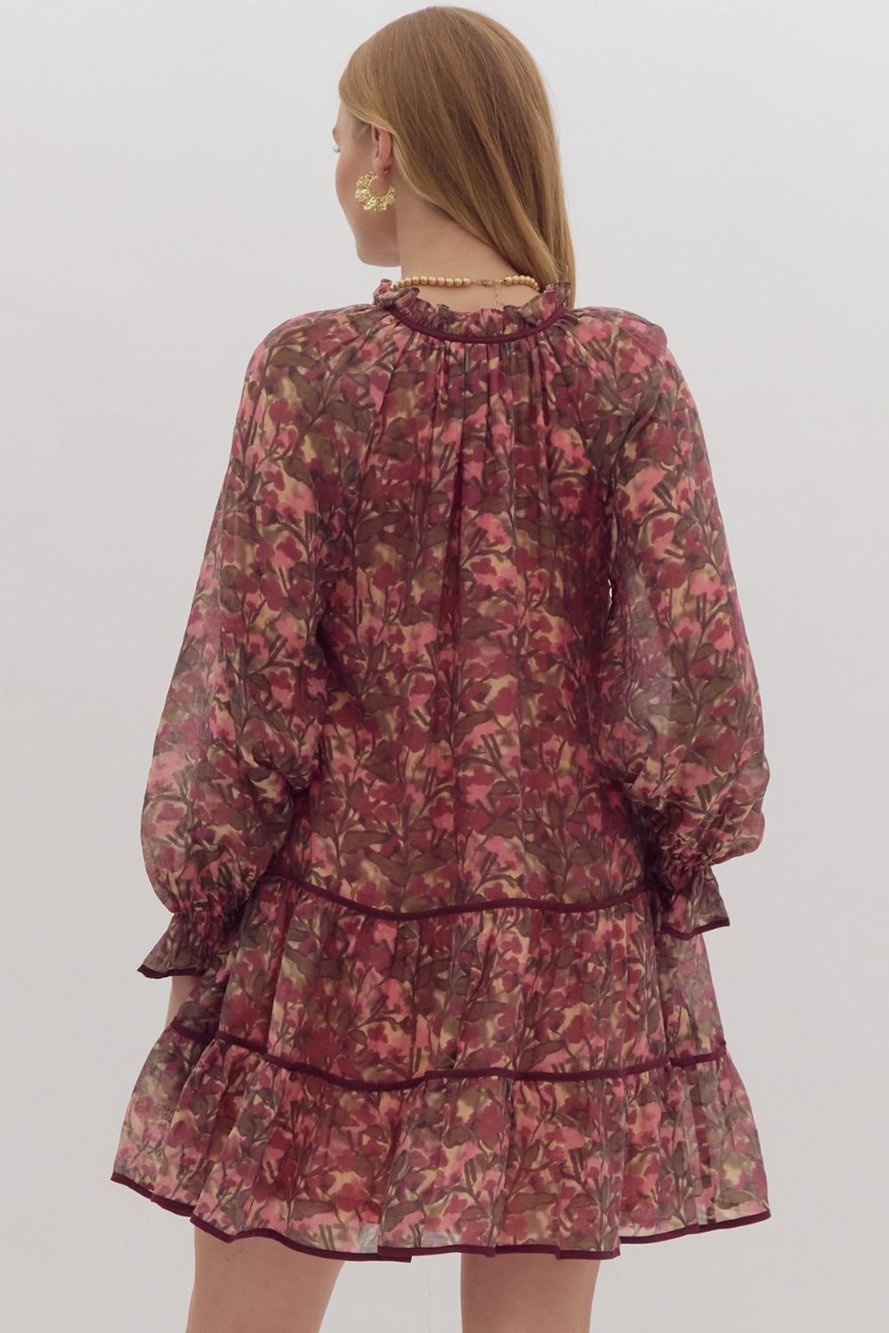 LONG SLEEVE TIERED MINI DRESS - RASPBERRY