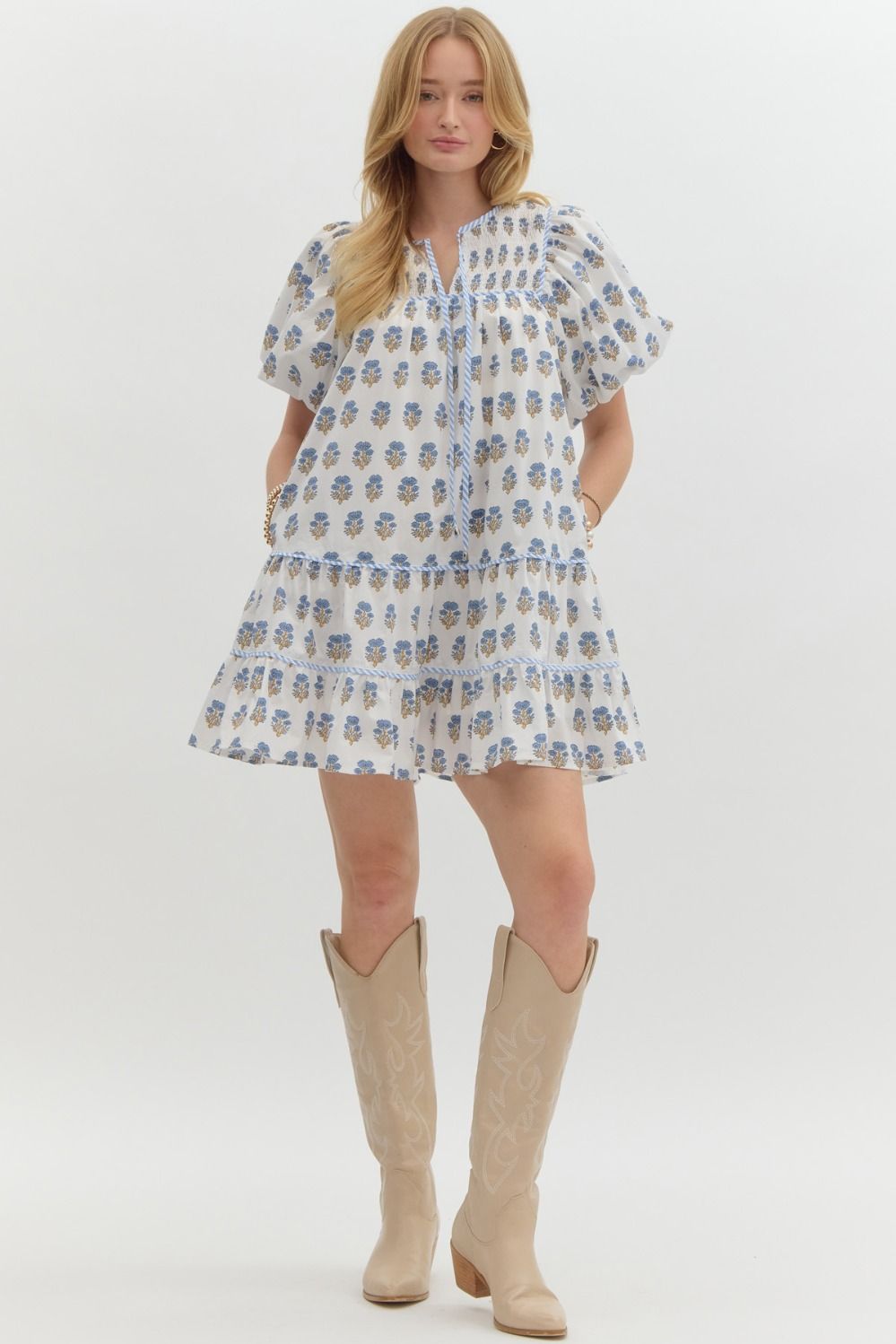 FLORAL V NECK MINI DRESS - OFF WHITE