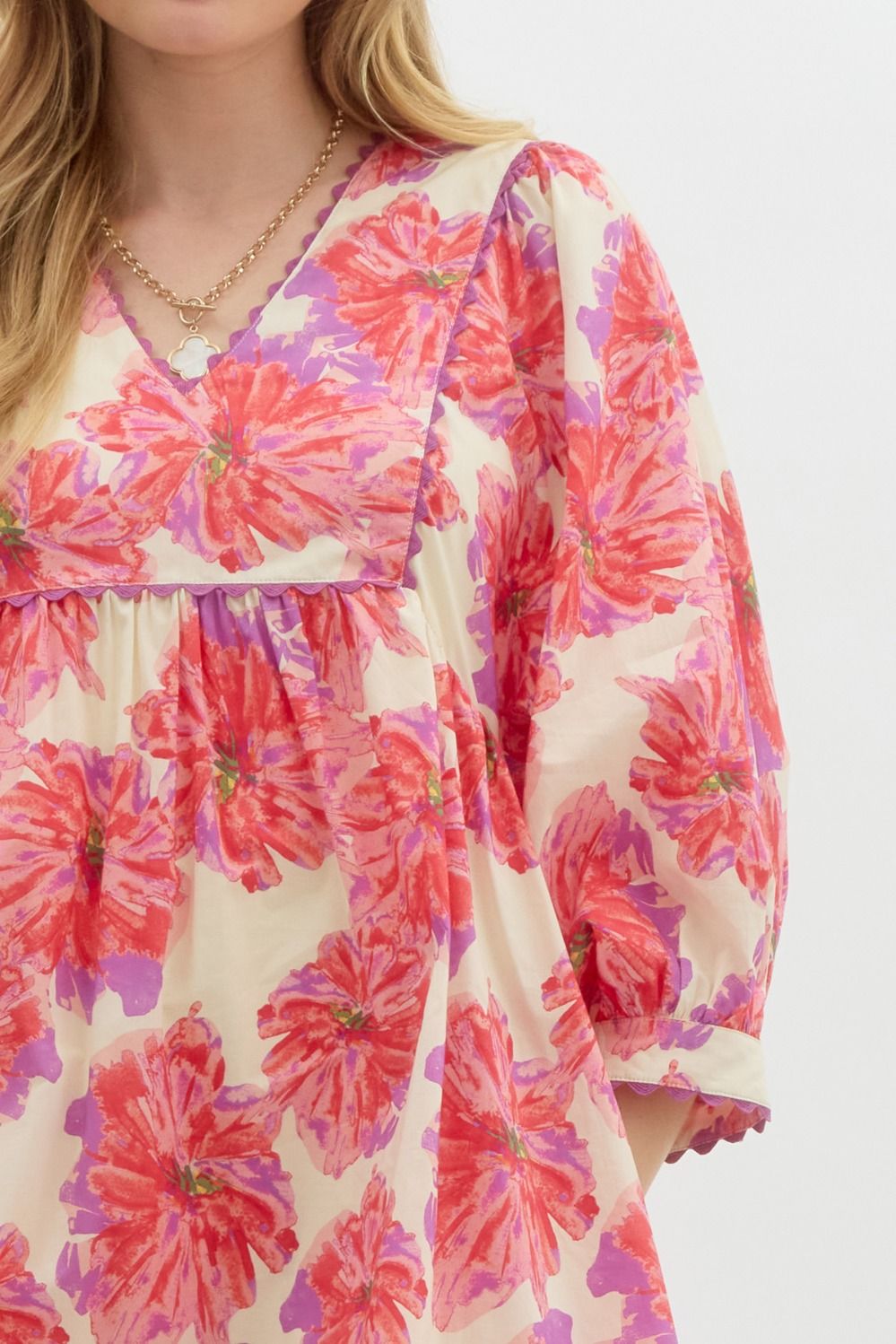 FLORAL BABYDOLL PULLOVER MINI DRESS - RED
