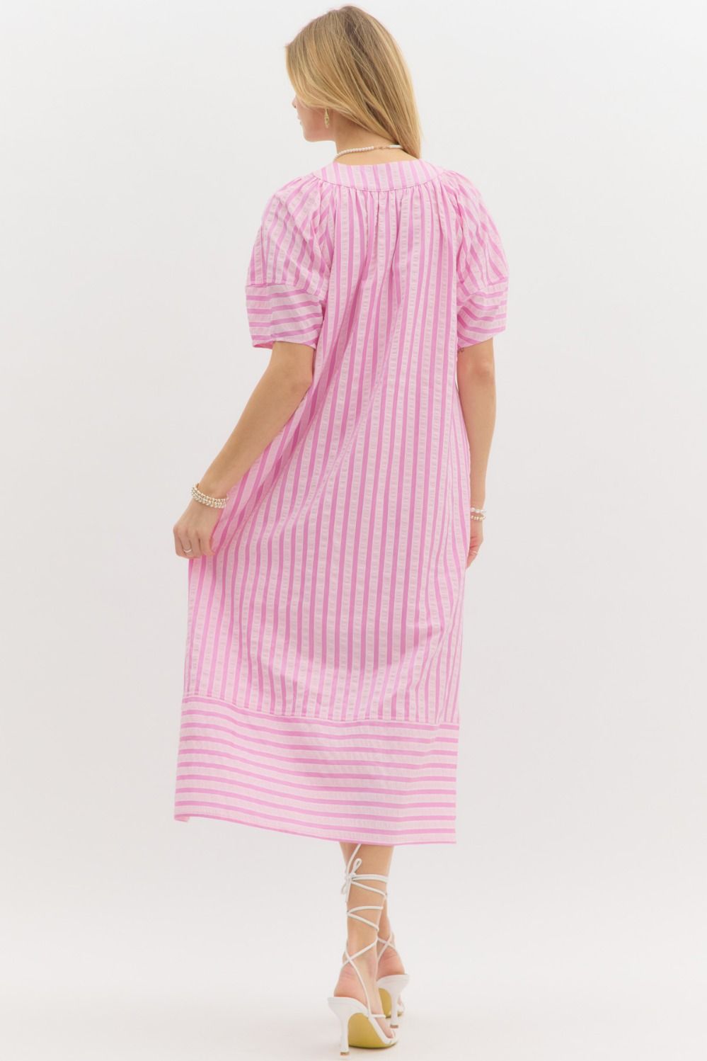 TEXTURED STRIPE MIDI DRESS - PINK
