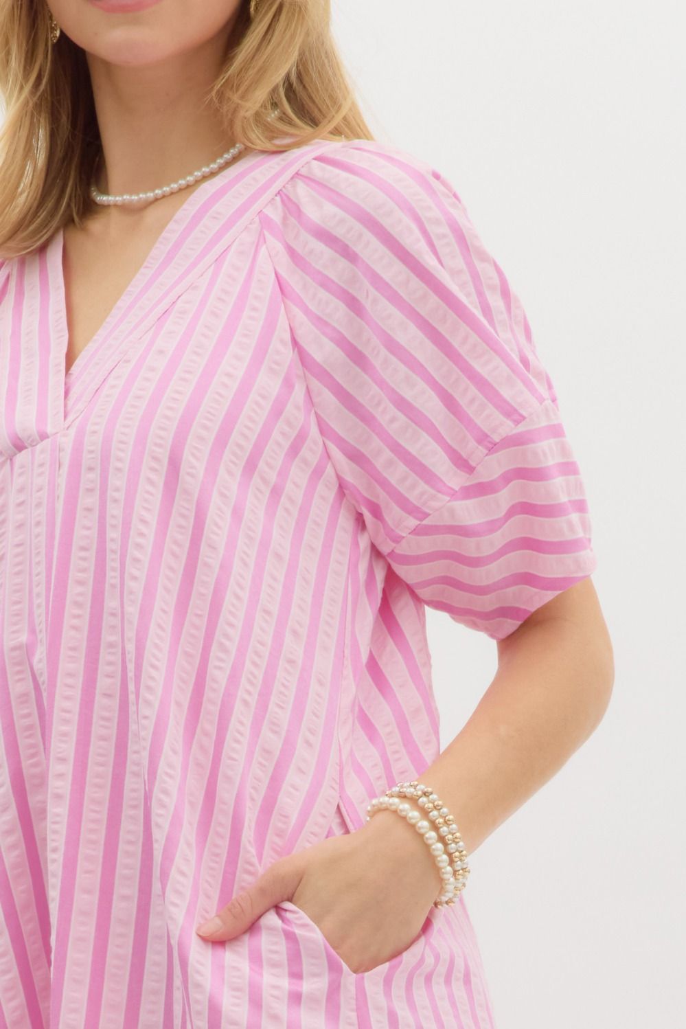 TEXTURED STRIPE MIDI DRESS - PINK
