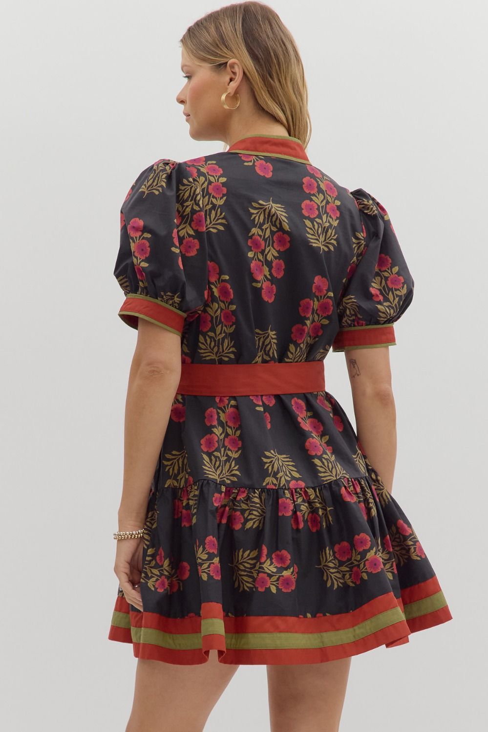 FLORAL PUFF SLEEVE MINI DRESS - BLACK