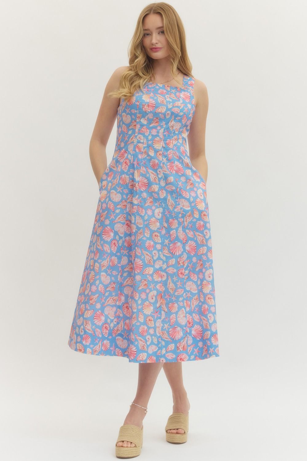 SHELL PRINT SLEEVEESS MIDI DRESS - BLUE