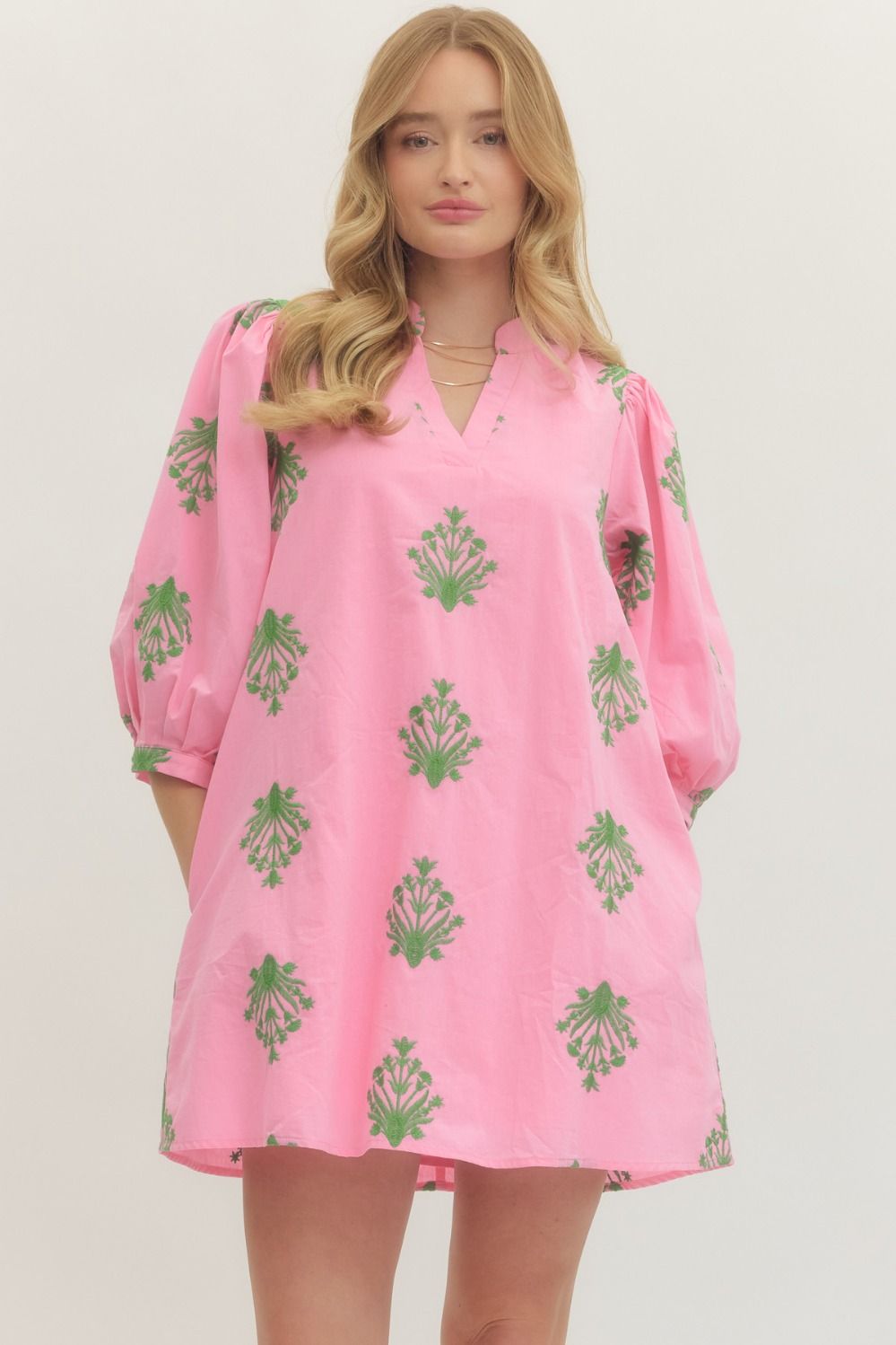 EMBROIDERED 3/4 PUFF SLEEVE MINI DRESS - PINK