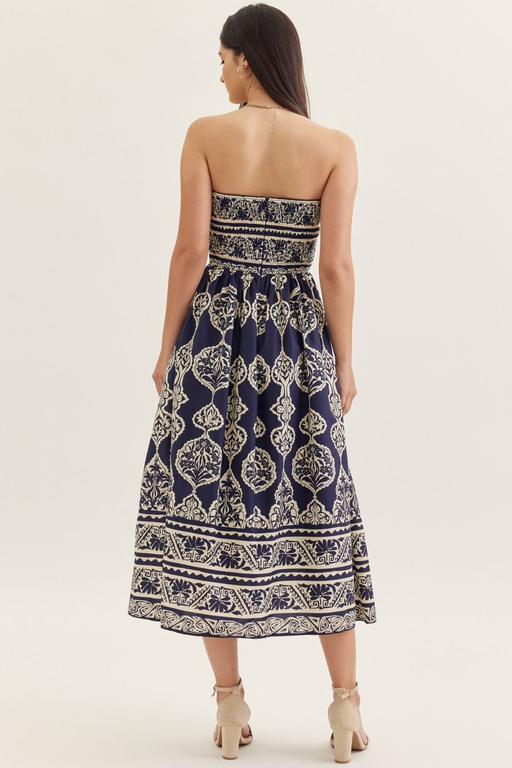 PRINTED STRAPLESS MIDI DRESS - NAVY