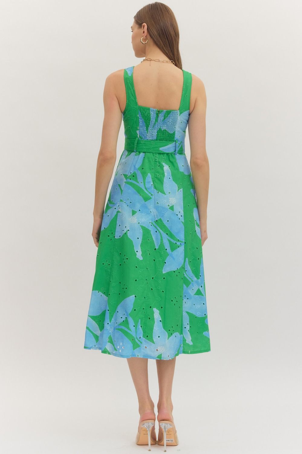 BOTANICAL MIDI DRESS WITH BELT - GREEN