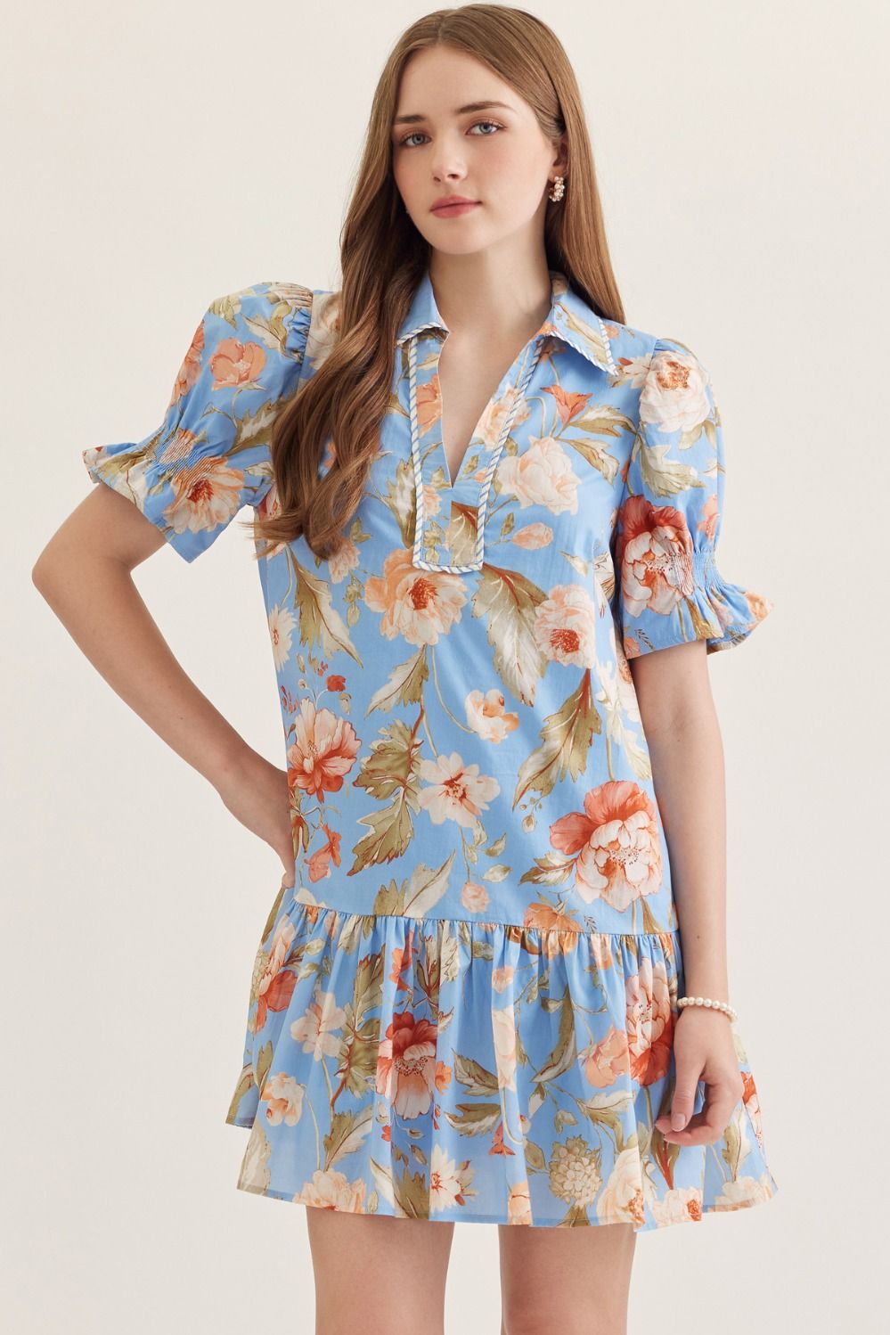 FLORAL PUFF SLEEVE MINI DRESS - BLUE