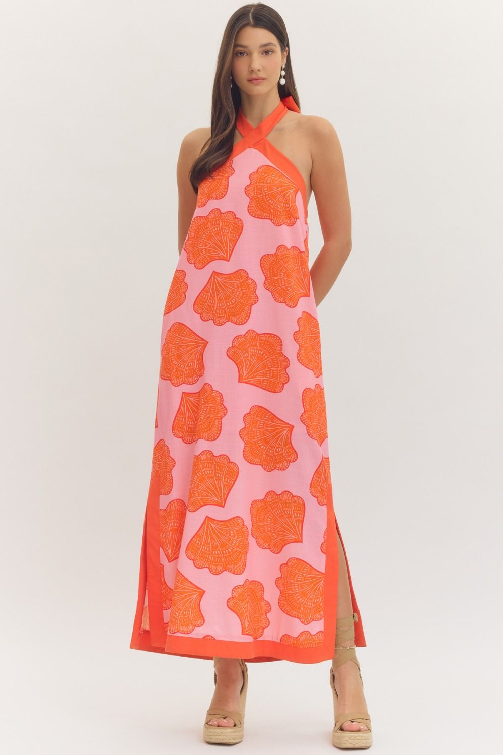 SHELL PRINT HALTER NECK MAXI DRESS - PINK