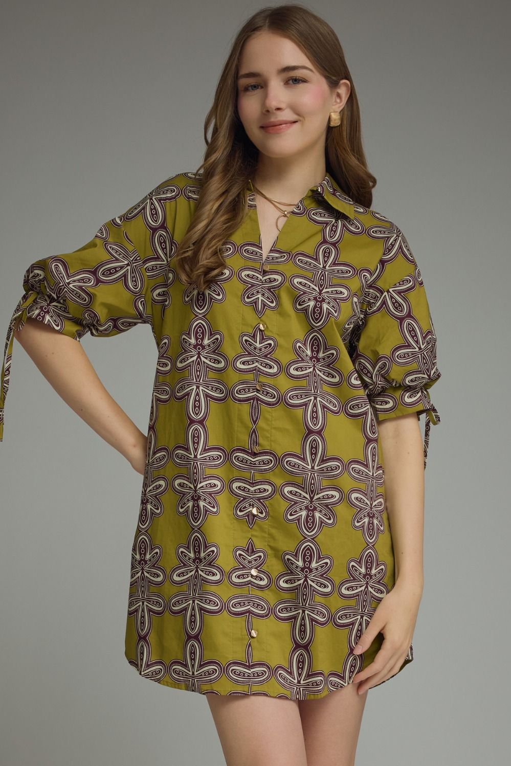 SHORT SLEEVE MINI DRESS WITH ADJUSTABLE TIES - MARTINI OLIVE