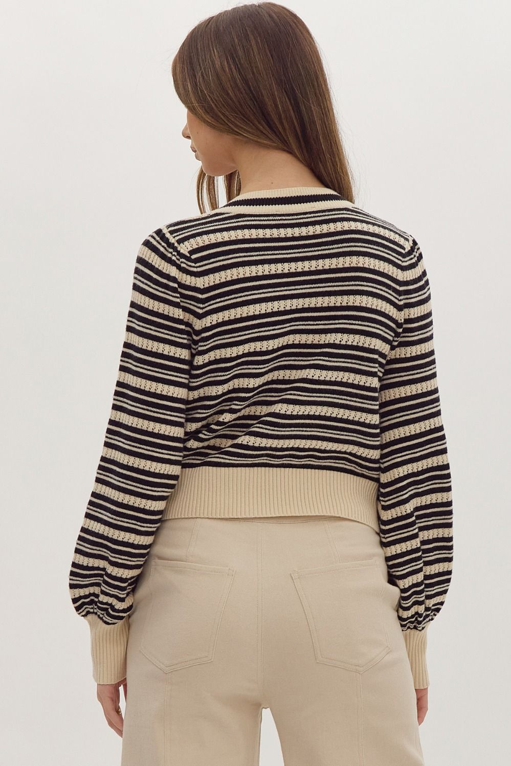 STRIPE KNIT BOW CARDIGAN - BLACK