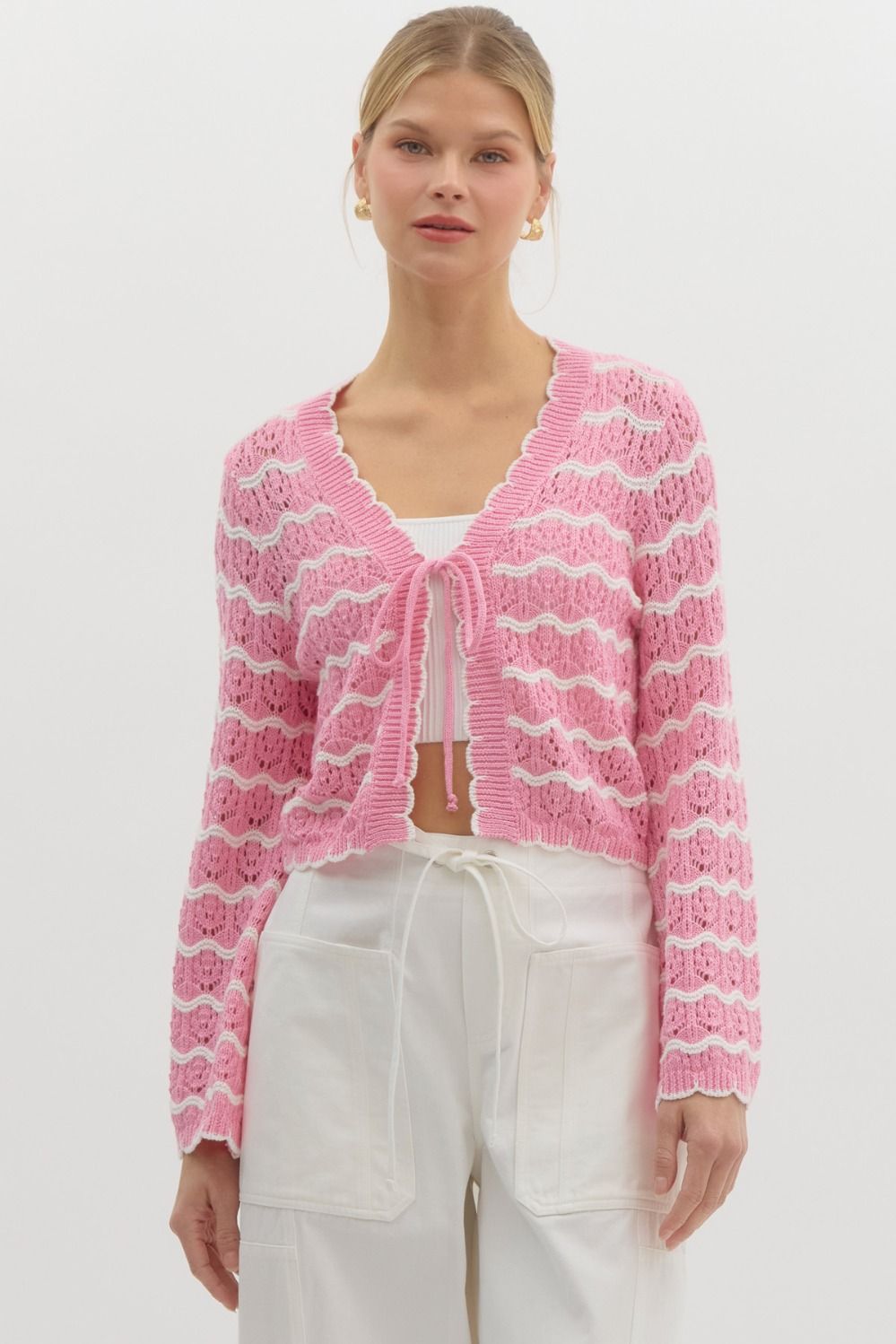 CROPPED KNIT STRIPE CARDIGAN - PINK