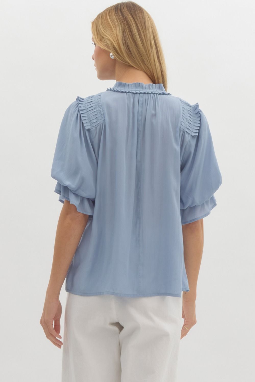PLEAT ACCENT SHOULDER TOP - CHAMBRAY