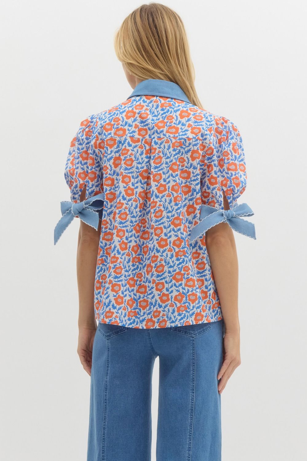 FLORAL PRINT BOW TIE TOP - ORANGE
