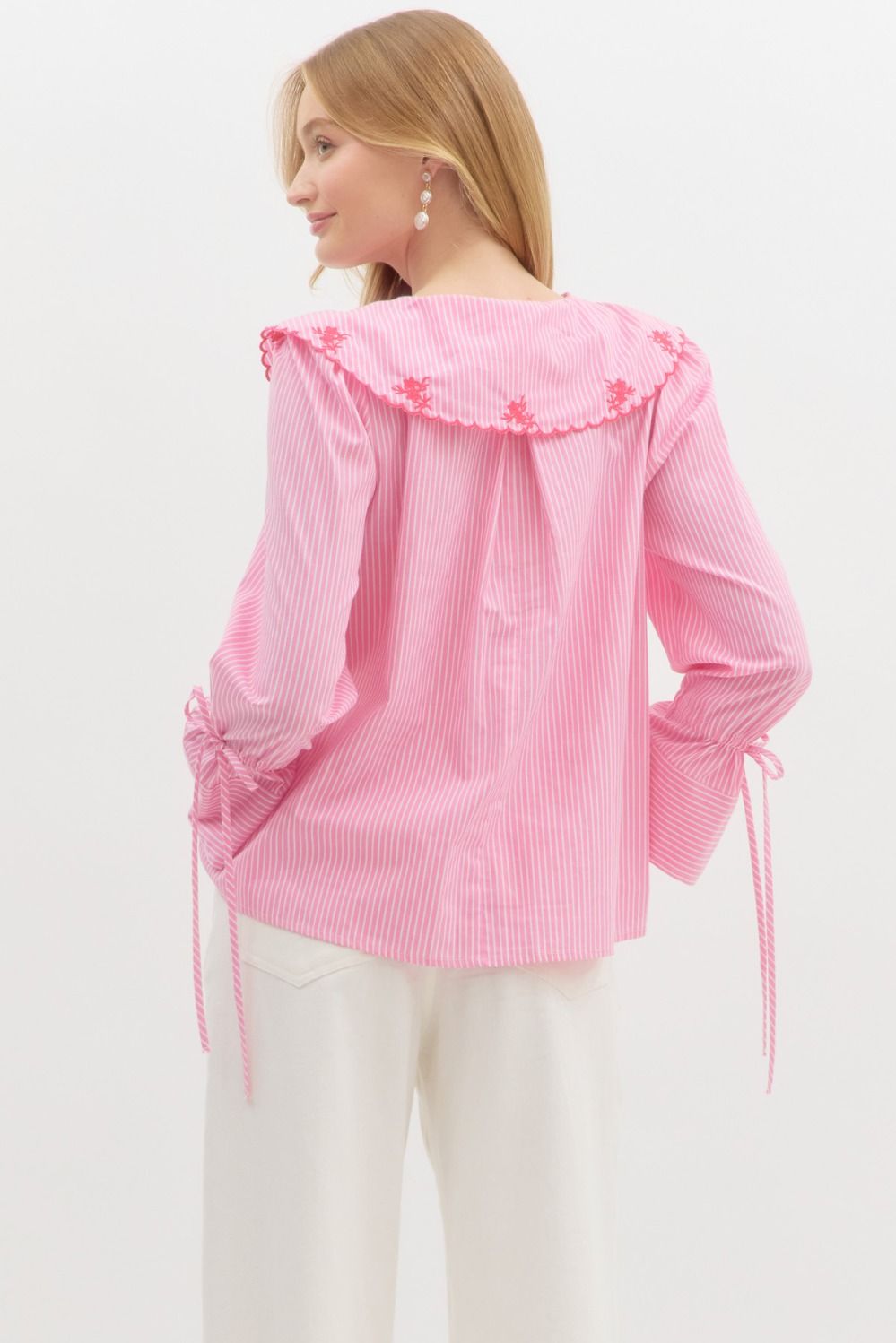 STRIPE EMBROIDERED TOP - PINK