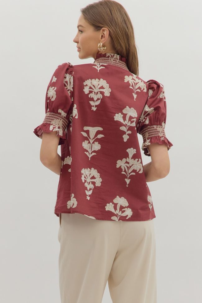 FLORAL PRINT SHORT PUFF SLEEVE TOP - GARNET
