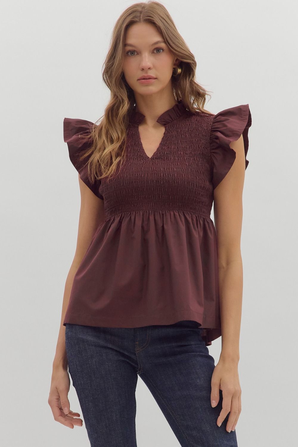 SOLID FLUTTER SLEEVE PEPLUM TOP - WINE