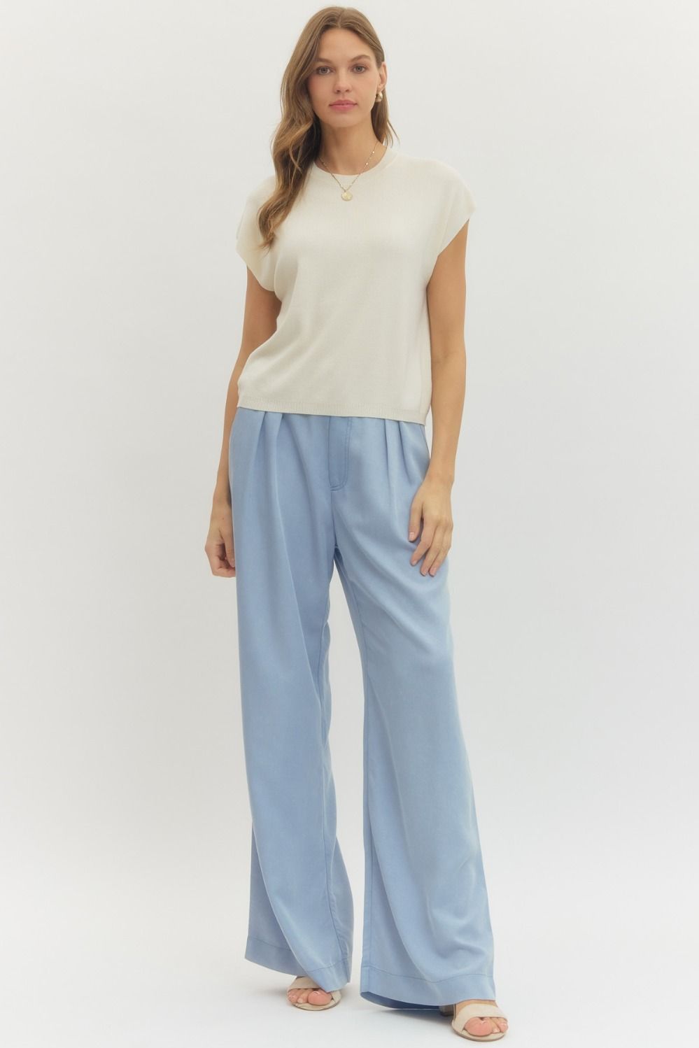 SOLID CAP SLEEVE KNIT TOP ROUND NECK - IVORY