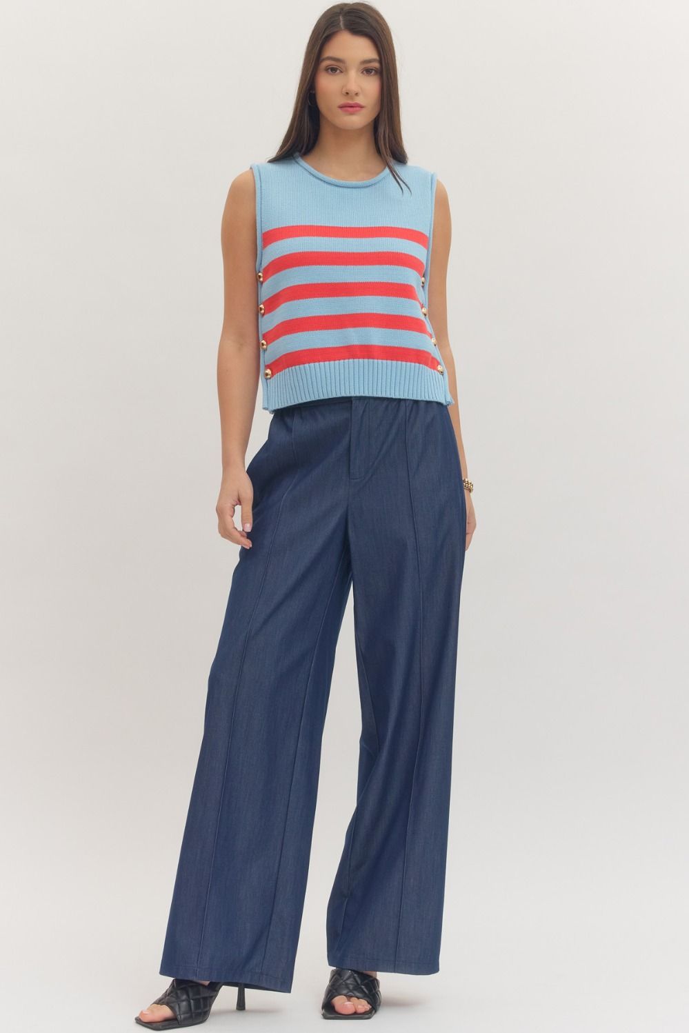 STRIPED SLEEVELESS KNIT TOP RIBBED CREW NECKLINE - BLUE