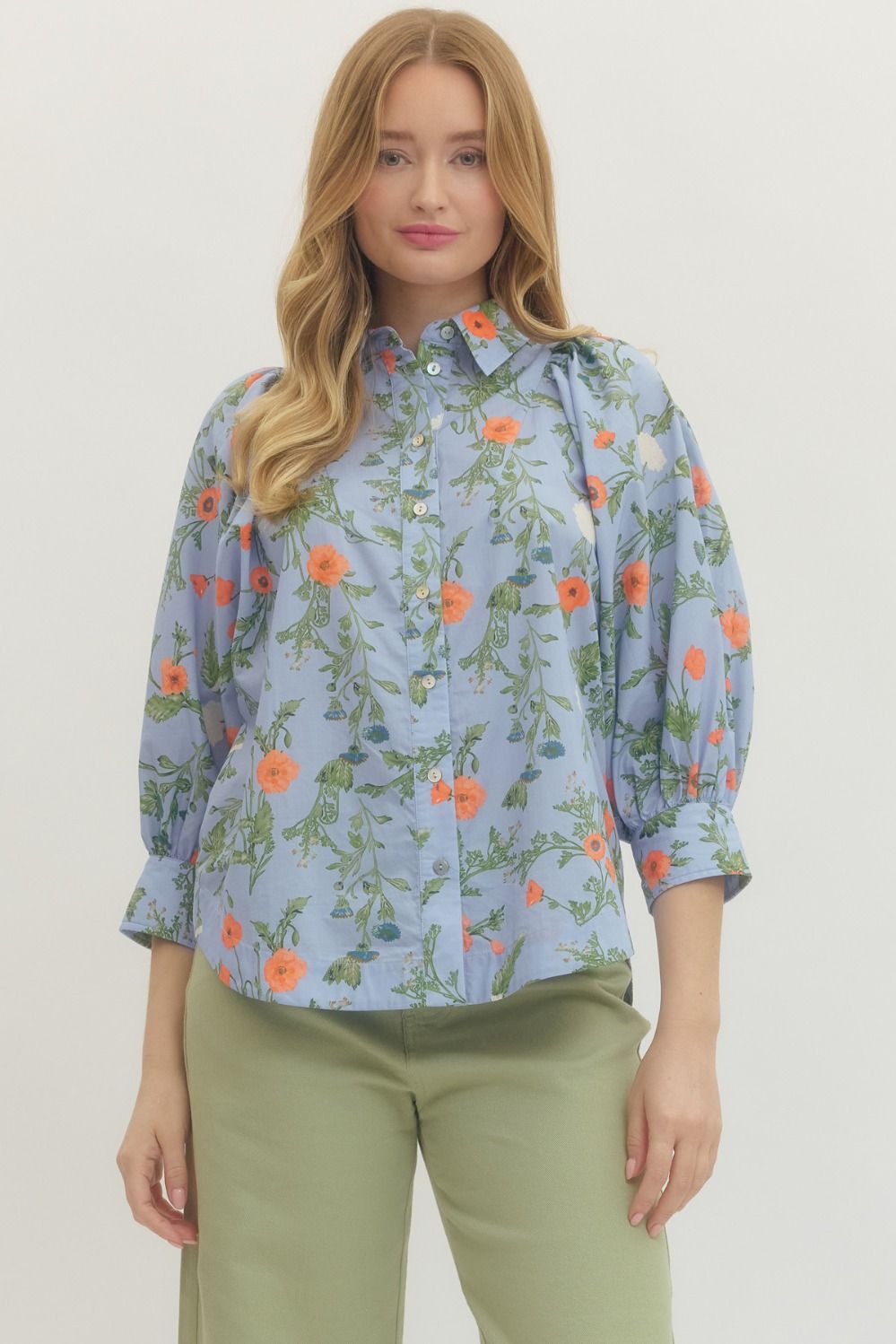 FLORAL PRINT 3/4 PUFF SLEEVE TOP - BLUE