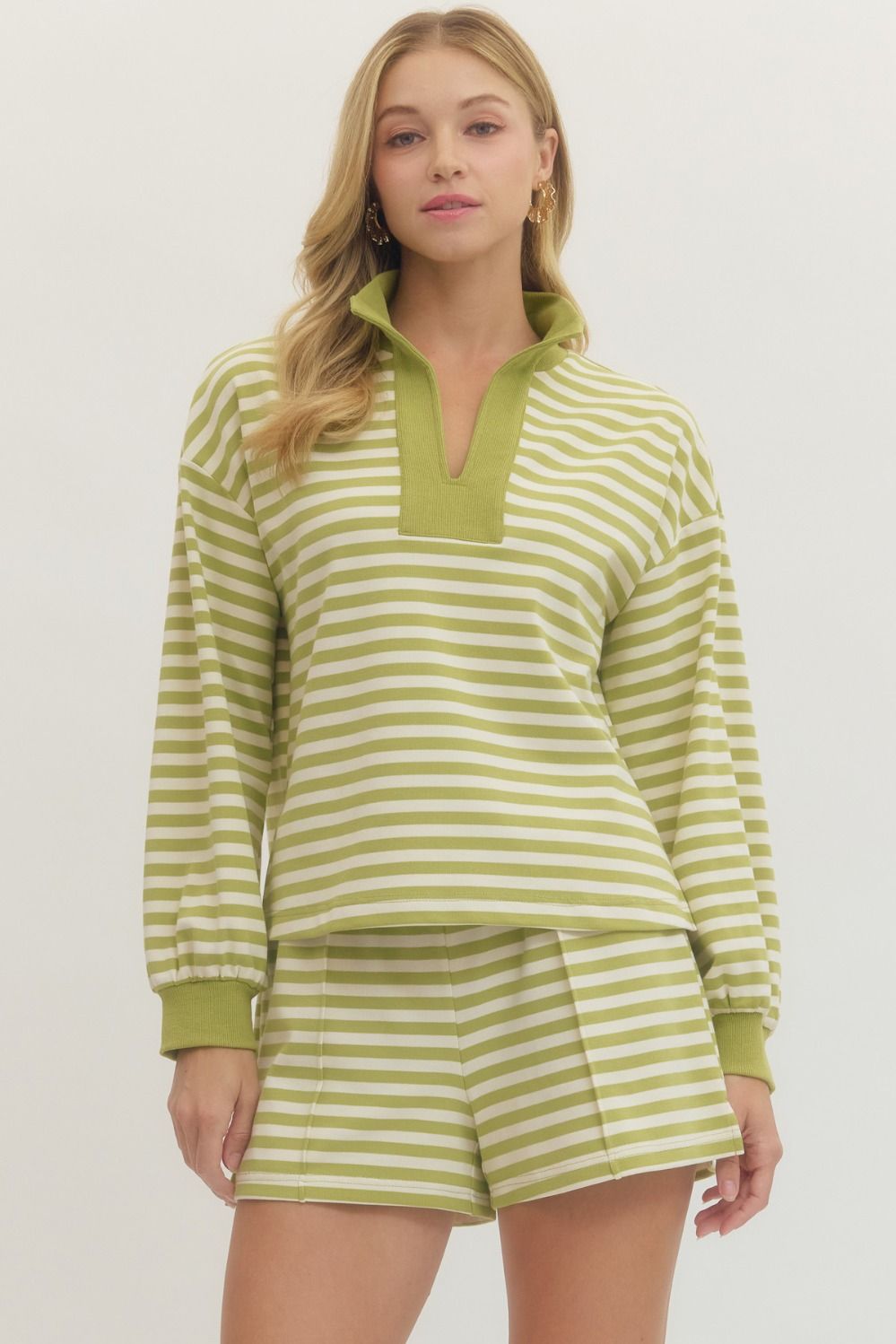 STRIPED LONG SLEEVE KNIT TOP - MATCHA