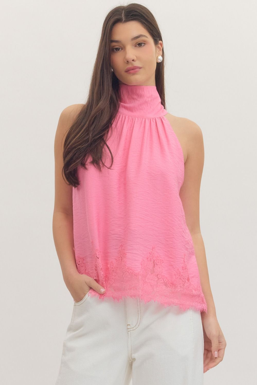 SLEEVELESS HALTER TOP WITH HIGHNECK LACE TRIM HEM - PINK