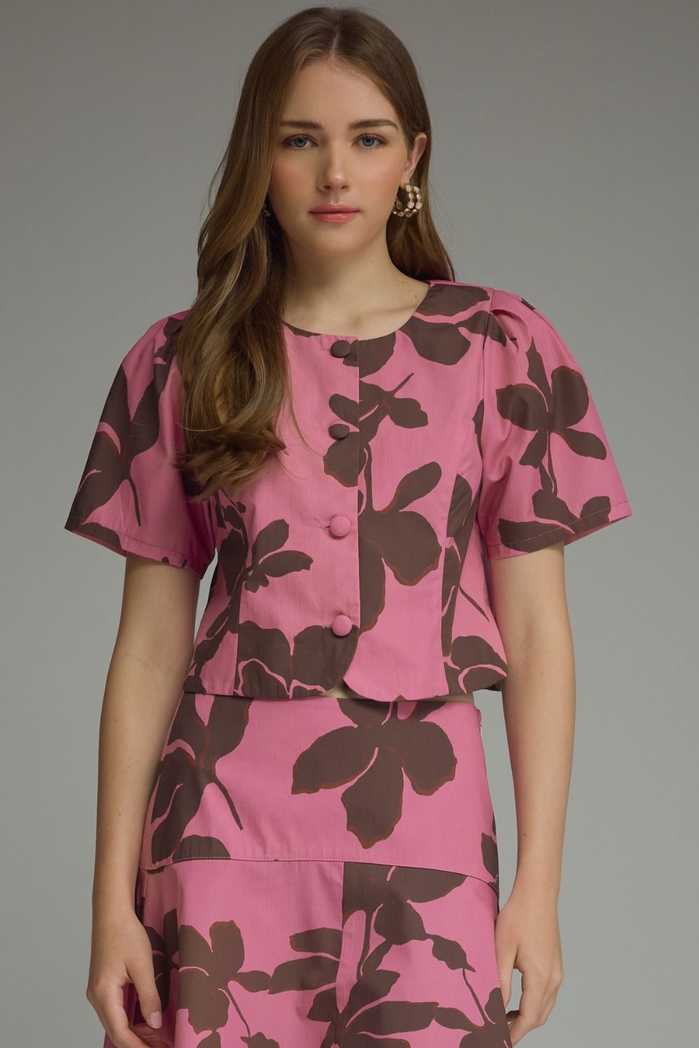 FLORAL PRINT SHORT SLEEVE TOP - PINK/BROWN