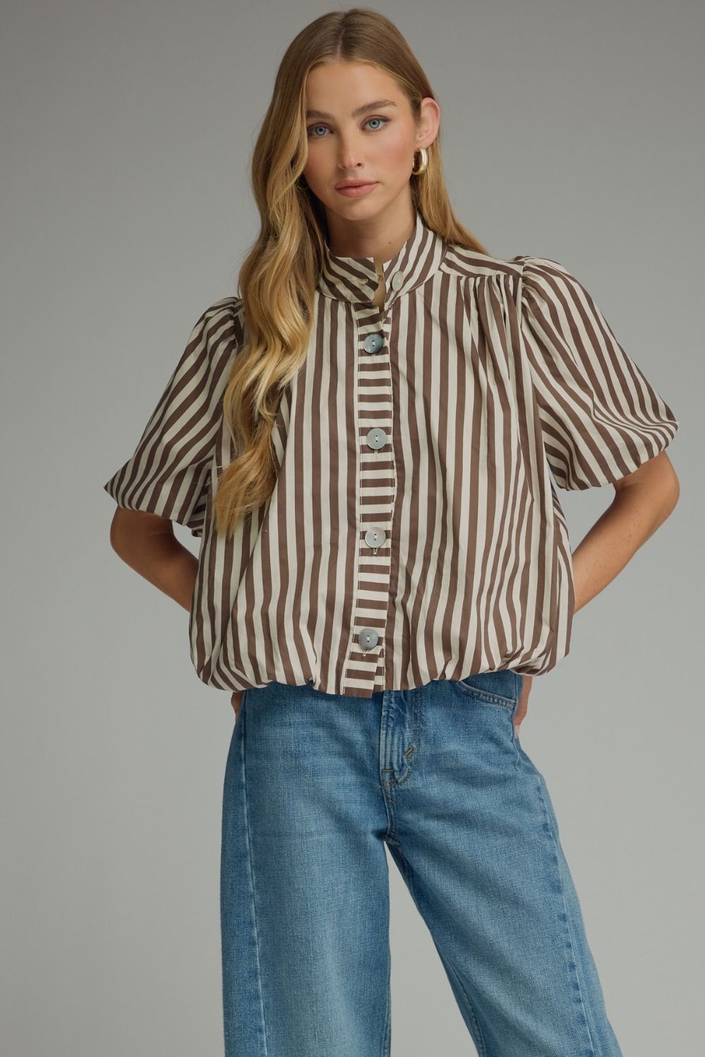STRIPE SHORT PUFF SLEEVE TOP - BROWN ECRU