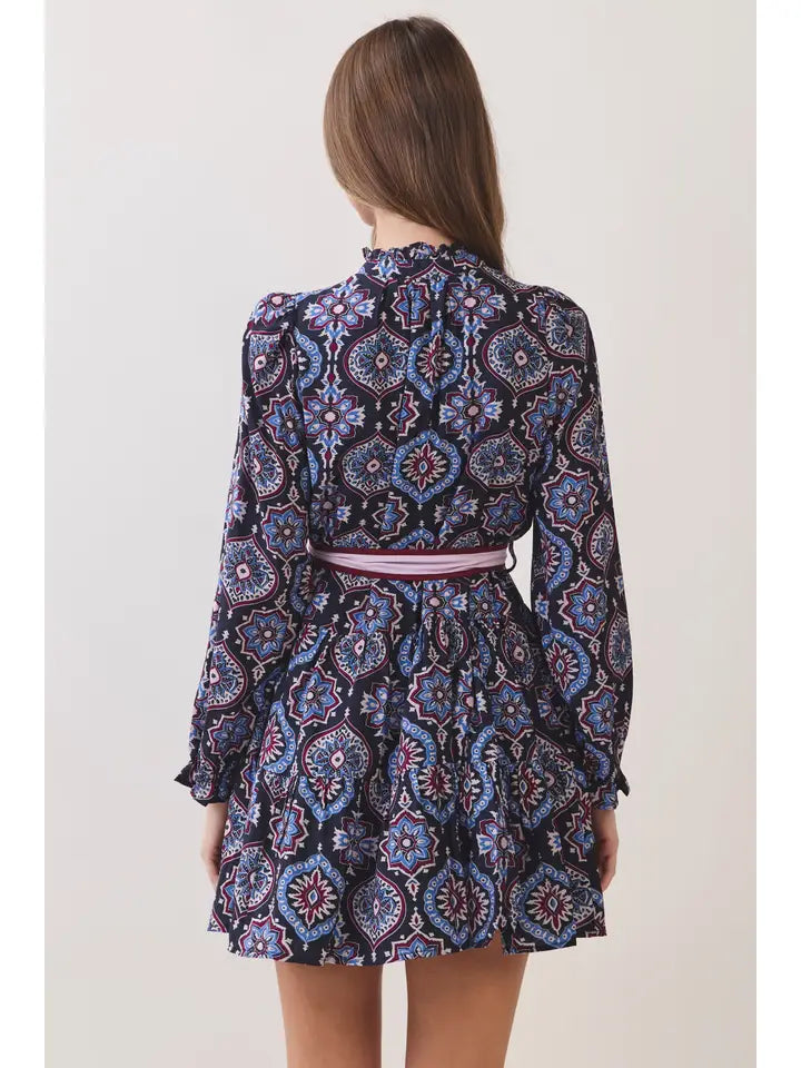 MEDALLION PRINT BELTED MINI SHIRT DRESS - NAVY