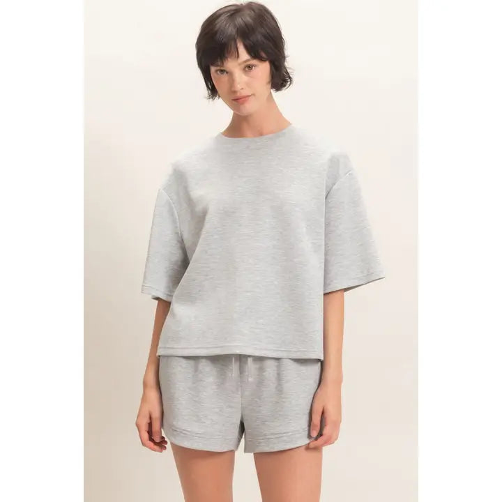 LOOSE FIT CREW NWCK SHORT SLEEVE TOP - HEATHER GREY