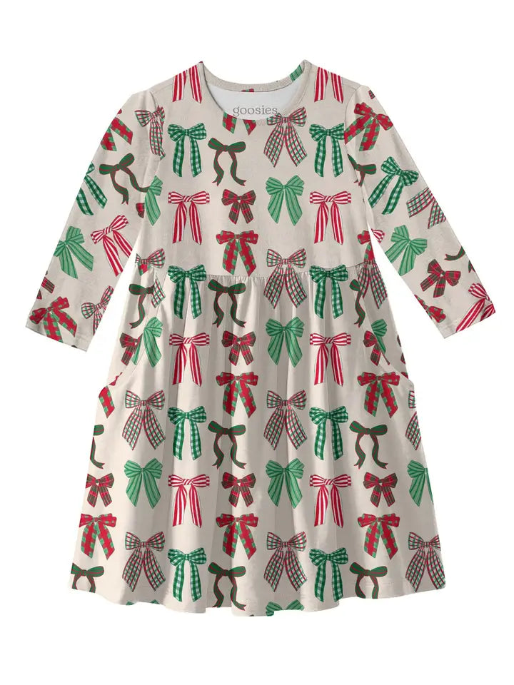 HOLIDAY BOWS 3/4 SLEEVE DRESS