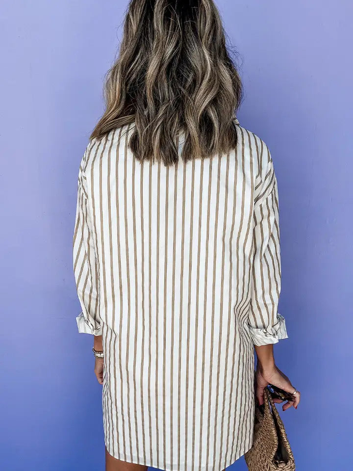 KHAKI STRIPE LONG SLEEVE BUTTON UP MINI SHIRT DRESS