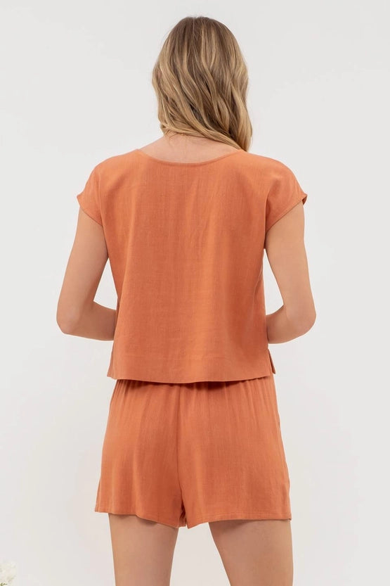 LINEN BLEND TOP AND SHORT SET - TERRACOTTA