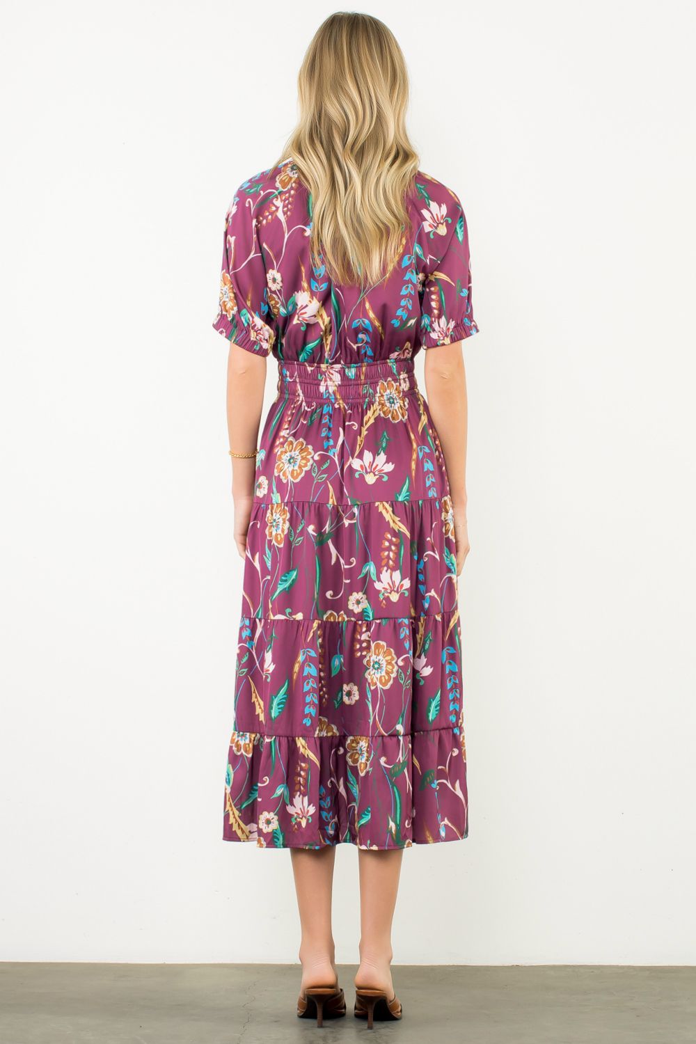 SMOCKED WAIST TASSEL FLORALMAXI DRESS - BURGUNDY