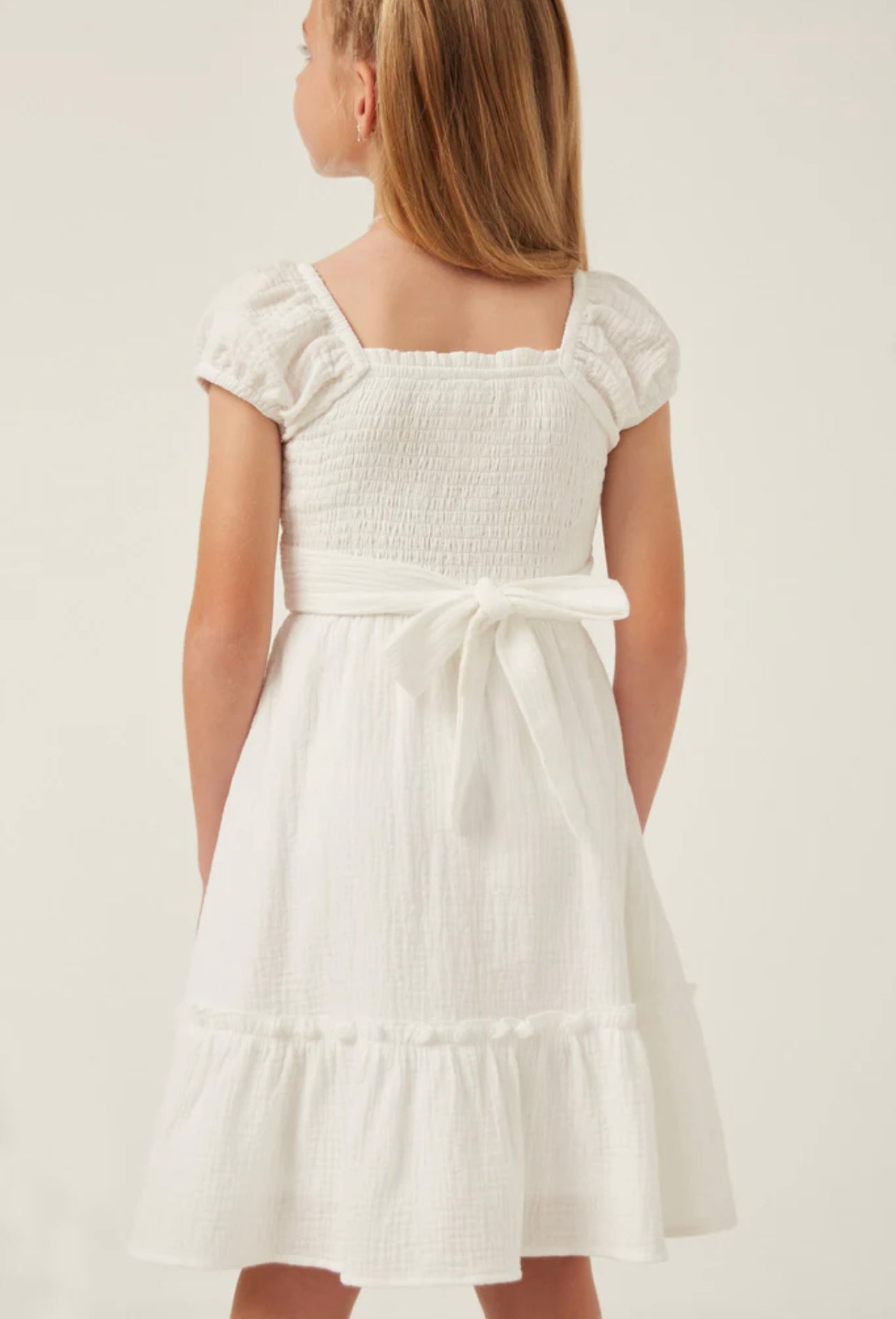 TEXTURED PUFF SLEEVE SMOCKED DRESS - IVORY