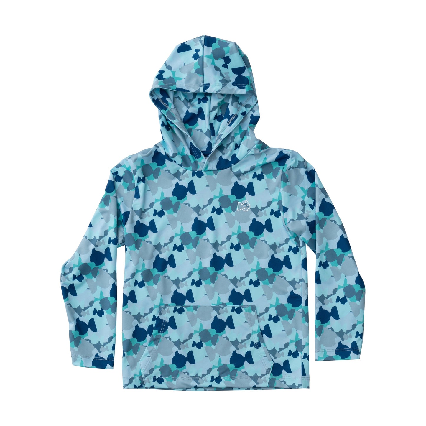 KIDS PRO PERFORMANCE HOODIE FISHING T SHIRT - BLUE CAMO