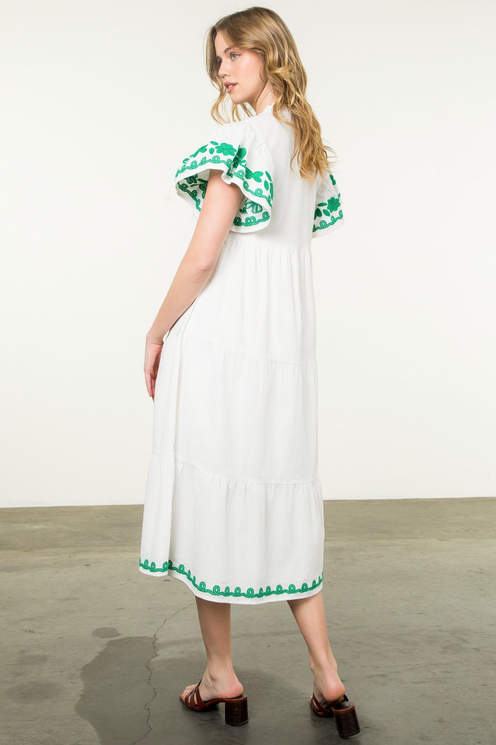 FLUTTER SLEEVE EMBROIDERED DRESS - WHITE